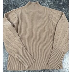 Magashoni Womens Mock Neck Ribbed Cashmere Wool Sweater Cableknit Puff Sleeves L